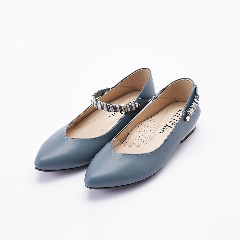 Zero Size-[Affectionate Dance Music] 3Way Twill Lace Up Full Leather Pointed Toe Ladies Shoes_ Morandi Blue (22.5) - รองเท้าลำลองผู้หญิง - หนังแท้ สีน้ำเงิน