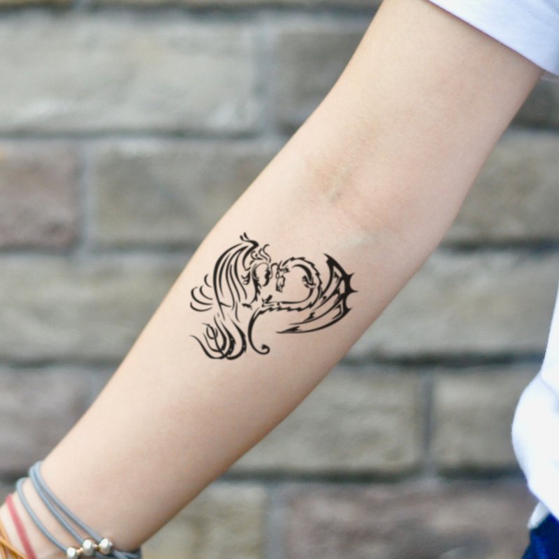 OhMyTat 龍與鳳 Dragon And Phoenix 刺青圖案紋身貼紙 (2 張) - 紋身貼紙/刺青貼紙 - 紙 黑色