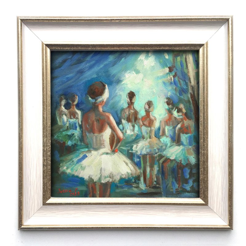 Framed swan lake Ballet Ballerina Painting Oil Original Blue dancer - ของวางตกแต่ง - วัสดุอื่นๆ สีเหลือง