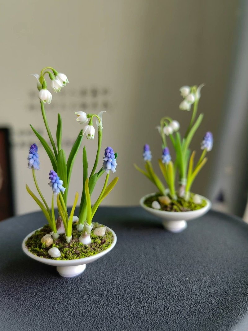 Snowflake Lily and Grape Hyacinth Miniature Clay Pot Plant - Items for Display - Clay Green