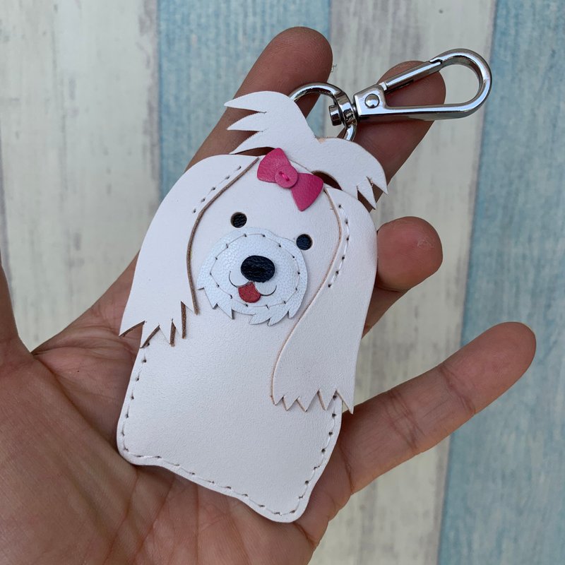 Healing small things white long-haired Maltese hand-stitched leather keychain small size - Keychains - Genuine Leather White