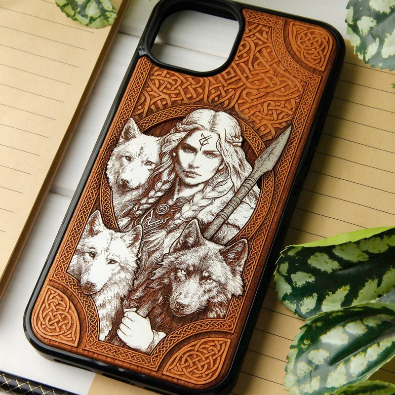 Freya Goddess of Fertility -  Phone case wood laser engraved + hand painting - 手機殼/手機套 - 木頭 咖啡色