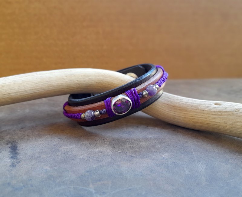 Purple Zirconia Diamond Bracelet, Silver 925 Bangle, Unique Woman Gift Idea - 手鍊/手環 - 真皮 紫色