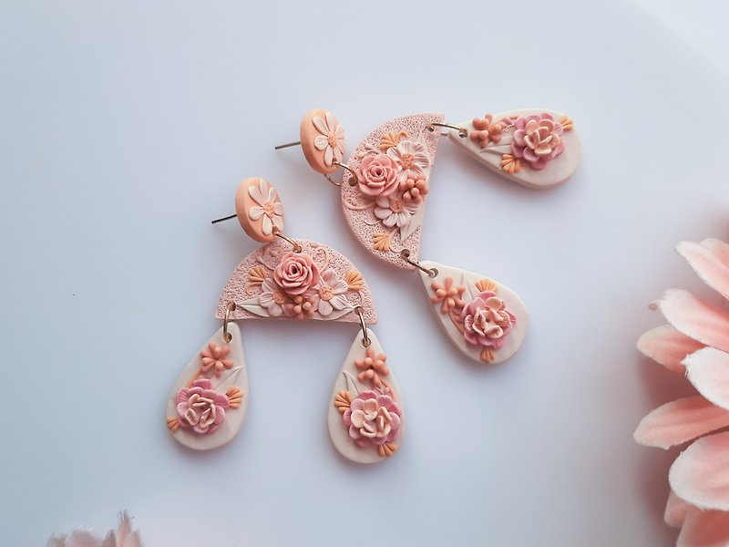 Pink floral earrings Unique Handmade earrings Romantic earrings - Earrings & Clip-ons - Pottery Pink