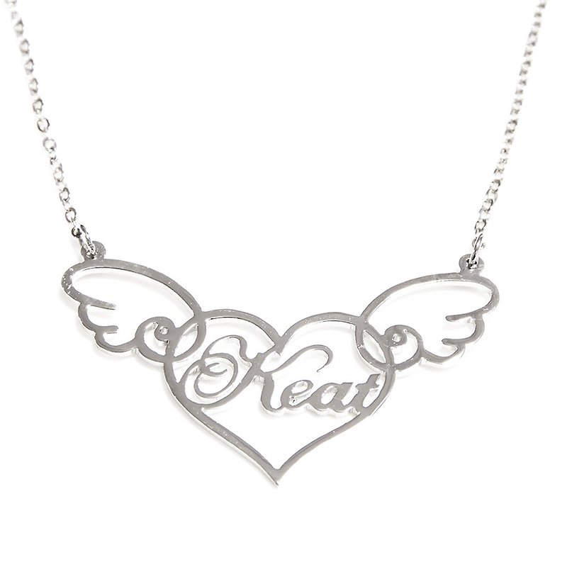 Custom name necklace in heart shape with cute wing - Necklaces - Other Metals Silver