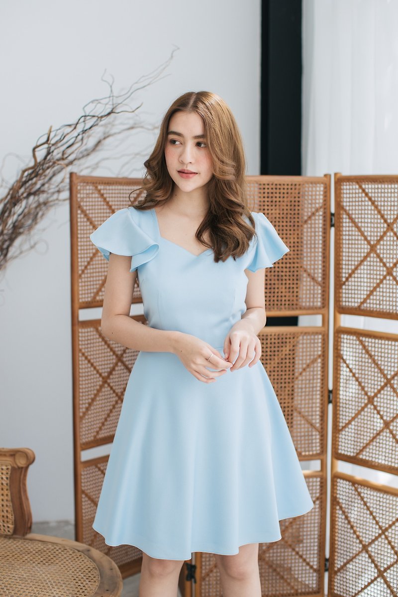 Blue Dress Vintage Style Dress Blue Summer Dress Ruffle Sleeve Dress Cute - 連身裙 - 聚酯纖維 藍色