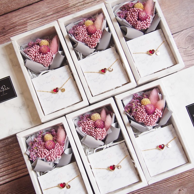 Marbled Boxed Sister Gifts Amaranth Tulips Bouquet + Heart Shaped Glass Stone Letter Bracelet - Bracelets - Other Materials Pink