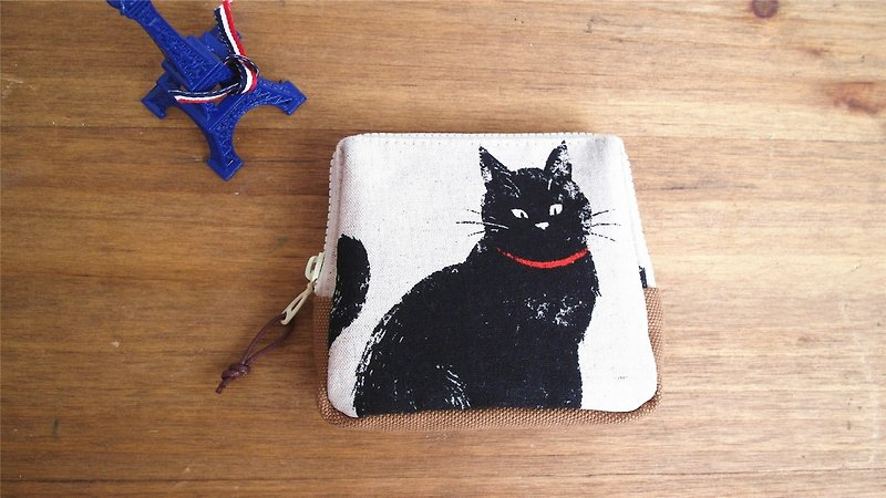 Handmade Handmade. Black cat. Pocket bag - กระเป๋าเครื่องสำอาง - ผ้าฝ้าย/ผ้าลินิน ขาว
