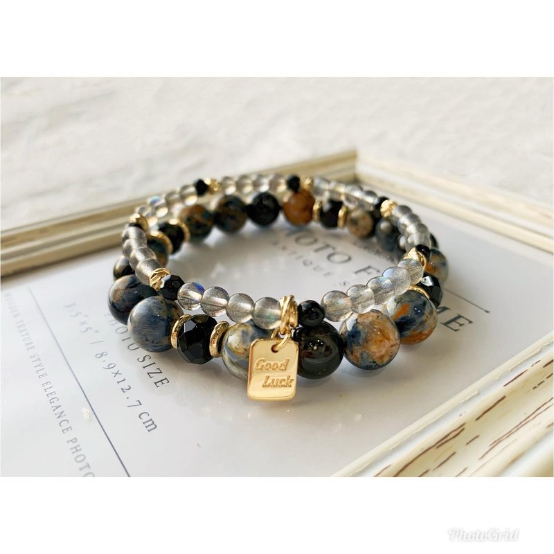 With mine storm blue Peter Stone/gold luck stone/black agate/grey moonstone hand-made design crystal double chain set - Bracelets - Crystal 