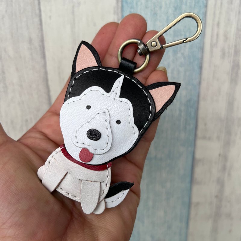療癒小物 黑/白色 可愛 哈士奇 純手工縫製 皮革 鑰匙扣 小尺寸 - 鑰匙圈/鑰匙包 - 真皮 黑色