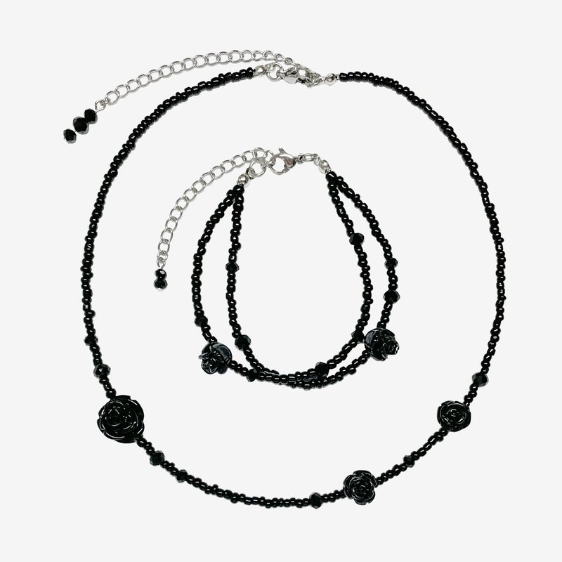 Rose Fit Black Beaded Choker Necklace Bracelet Birthday Gift - 手鍊/手環 - 其他材質 黑色