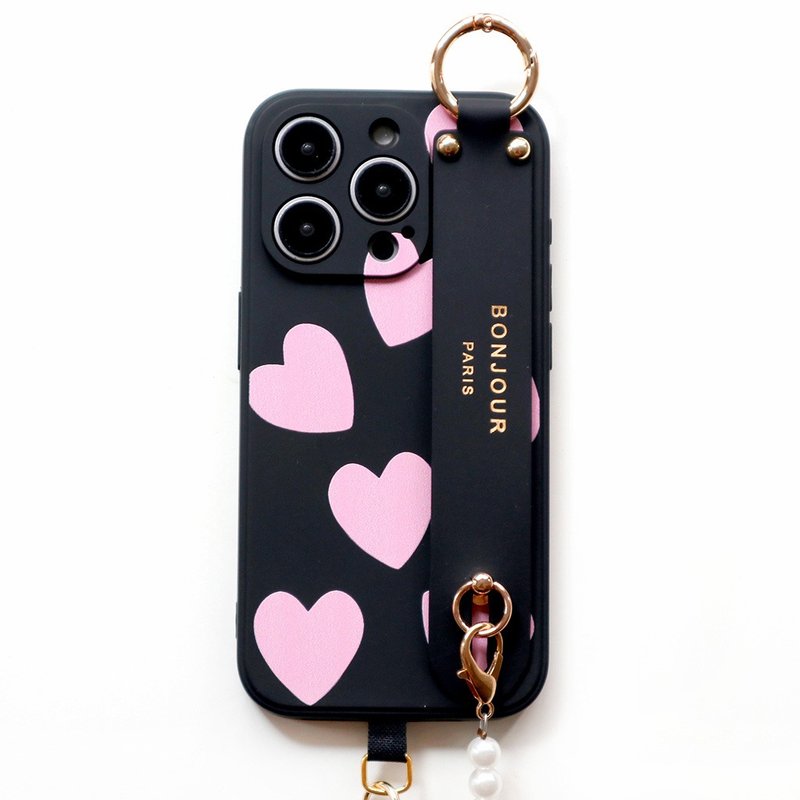 iPhone16/15/14/13/12 Girls Series-Paris Pink Love Pearl Chain 3-in-1 Phone Case - Phone Cases - Plastic Pink