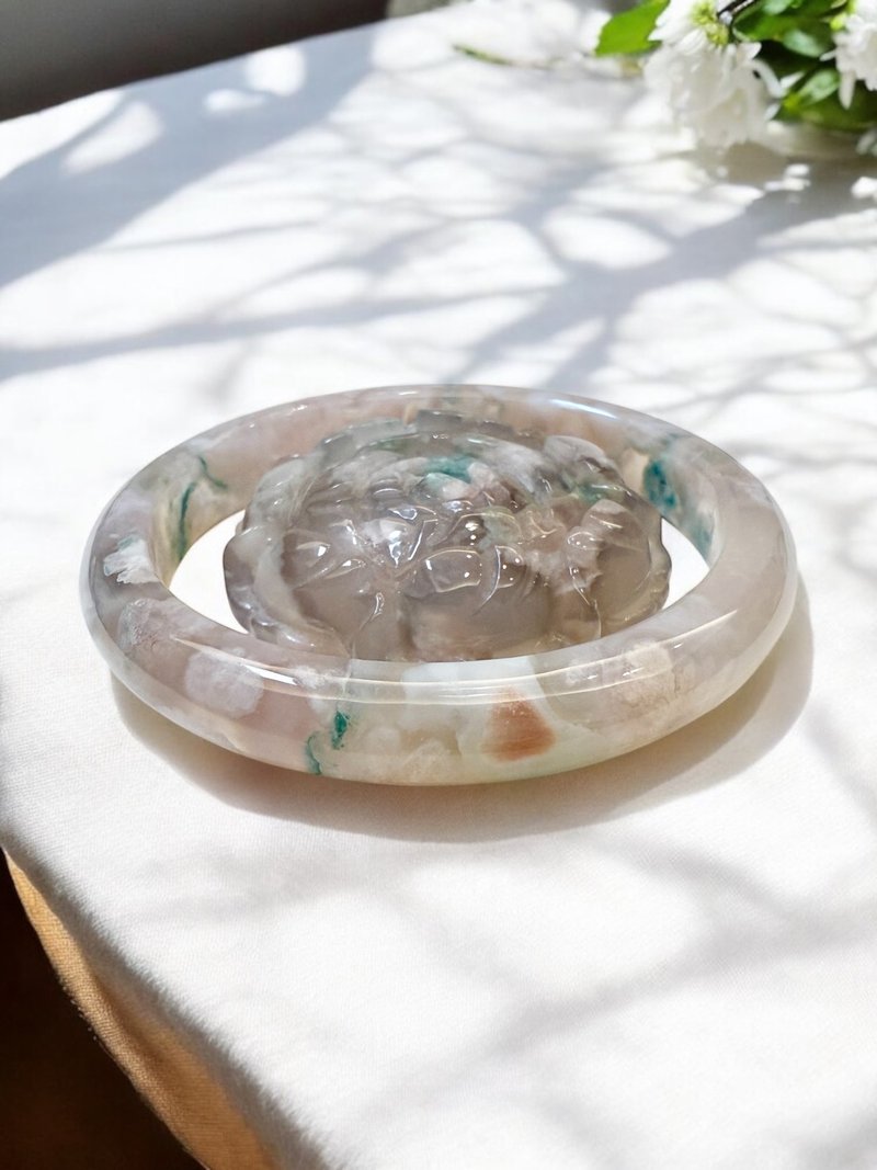 櫻花瑪瑙手鐲瑪瑙手鐲絕美稀有蜜桃菜園子料牡丹花精工雕刻吊墜58 - 手鍊/手環 - 玉石 