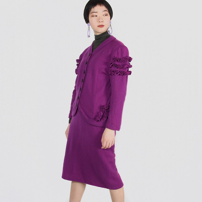 [Egg Plant Vintage] Purple Jade Meteor Knitted Skirt Vintage Suit - เสื้อแจ็คเก็ต - ขนแกะ สีม่วง