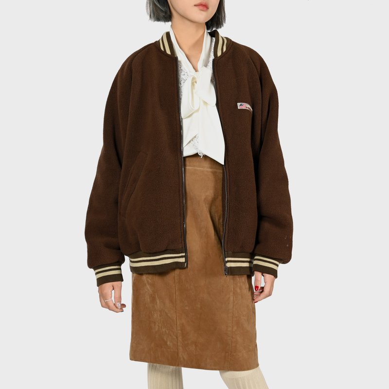 【蛋植物古著】可可羔羊絨古著棒球外套 - 女大衣/外套 - 其他人造纖維 咖啡色