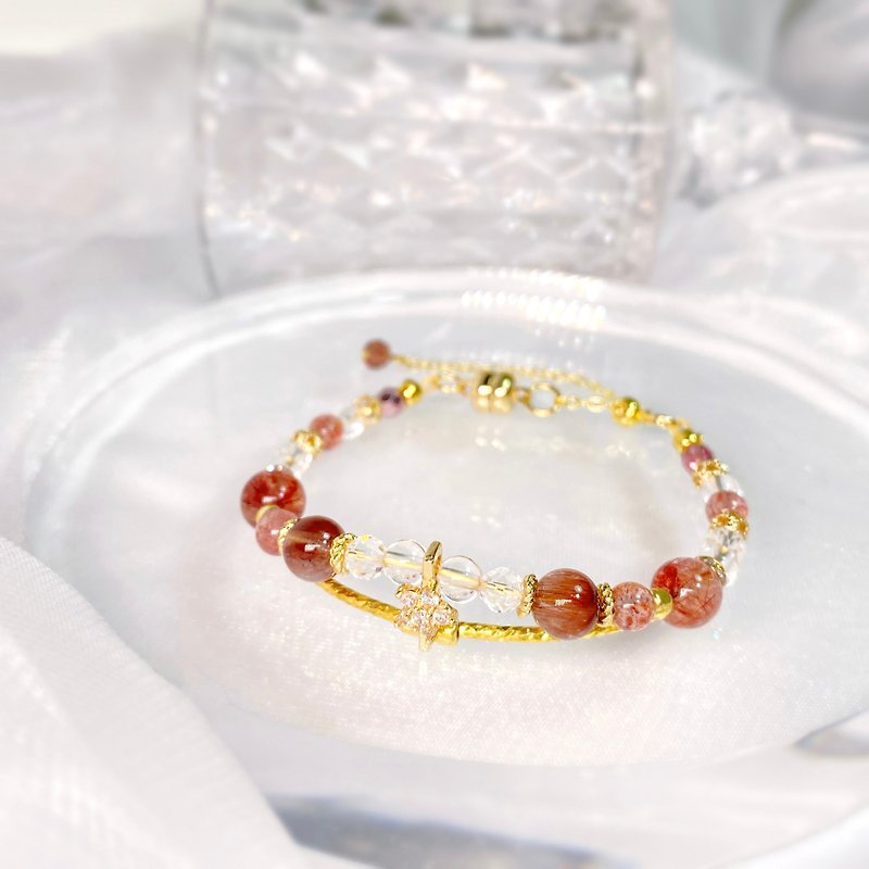 Red Hair Crystal Strawberry Crystal Flash Diamond Small Flower Natural Stone Crystal Bracelet - Bracelets - Crystal Red