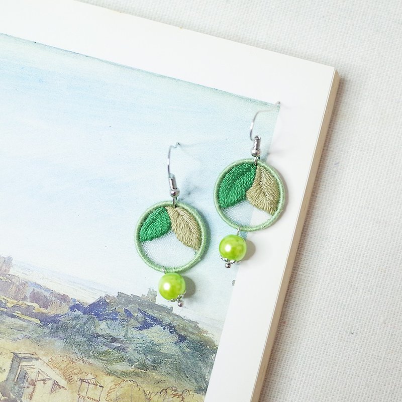 Plant #124 Leaf Hand Embroidered Earrings and Hooks - Earrings & Clip-ons - Thread Green