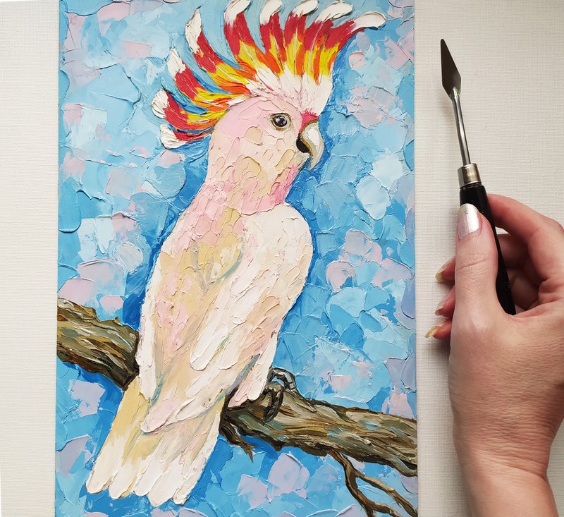 鳳頭鸚鵡粉紅色鸚鵡油畫動物鳥厚塗原始藝術藝術品 - 壁貼/牆壁裝飾 - 其他材質 藍色