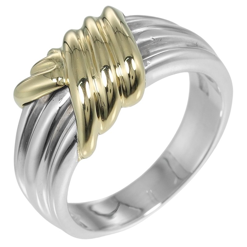 【日本直送】蒂芙尼 TIFFANY&Co. 格روف曲線簽名款 8號 戒指 古董拼接戒指 純銀 925 x 18K 黃K金【二手】 - 戒指 - 銀 銀色