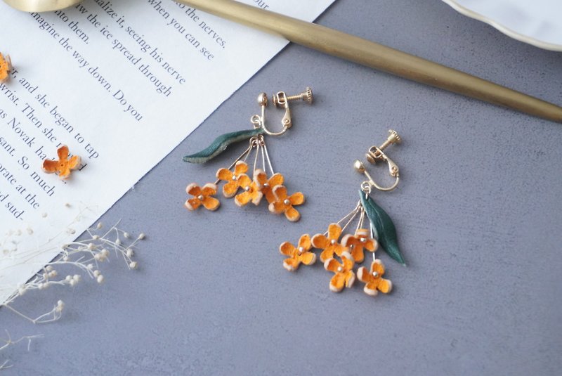 -Swaying-Osmanthus Clip-On - Earrings & Clip-ons - Genuine Leather Orange