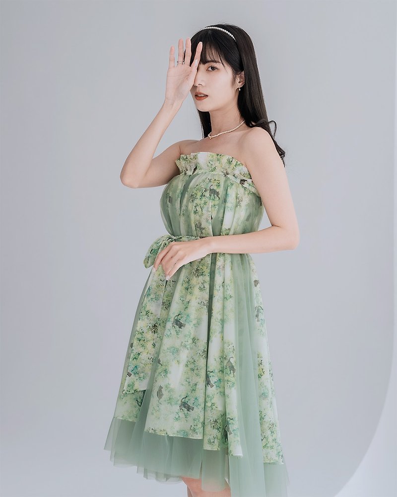 [Poly Print] Double-layer waterfall gauze skirt two-wear small dress long skirt Arashiyama early summer - Skirts - Cotton & Hemp Green