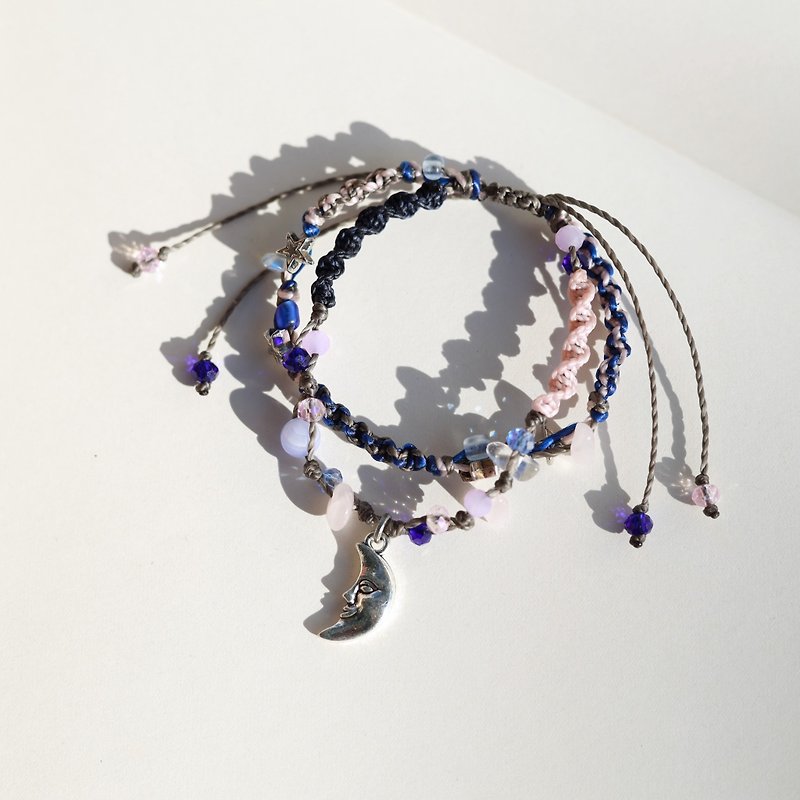 Moon navy blue pink natural stone woven waxed cord double layered bracelet - 手鍊/手環 - 繡線 多色