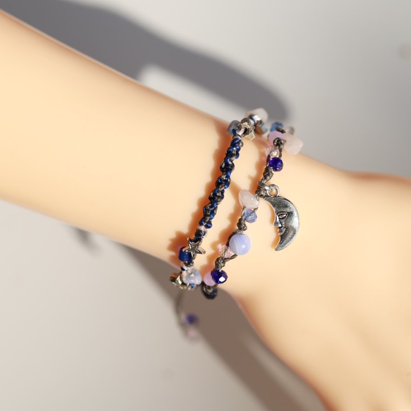 Moon navy blue pink natural stone woven waxed cord double layered bracelet - 手鍊/手環 - 繡線 多色