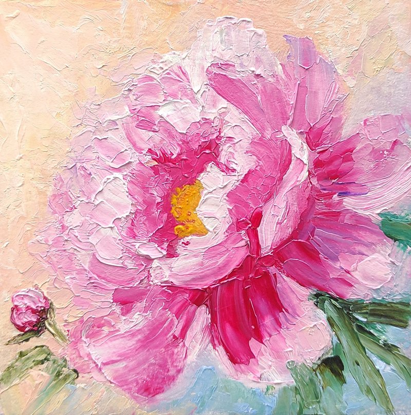 Pink Peony Oil Painting Floral Original Art Gift Idea 手工油畫 油畫原作 - Posters - Other Materials Multicolor