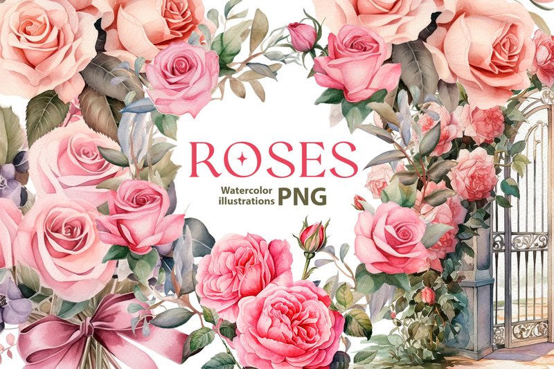 Watercolor roses clipart set, 5 Png, pink floral Clipart, light academy clipart - 電子手帳及素材 - 其他材質 