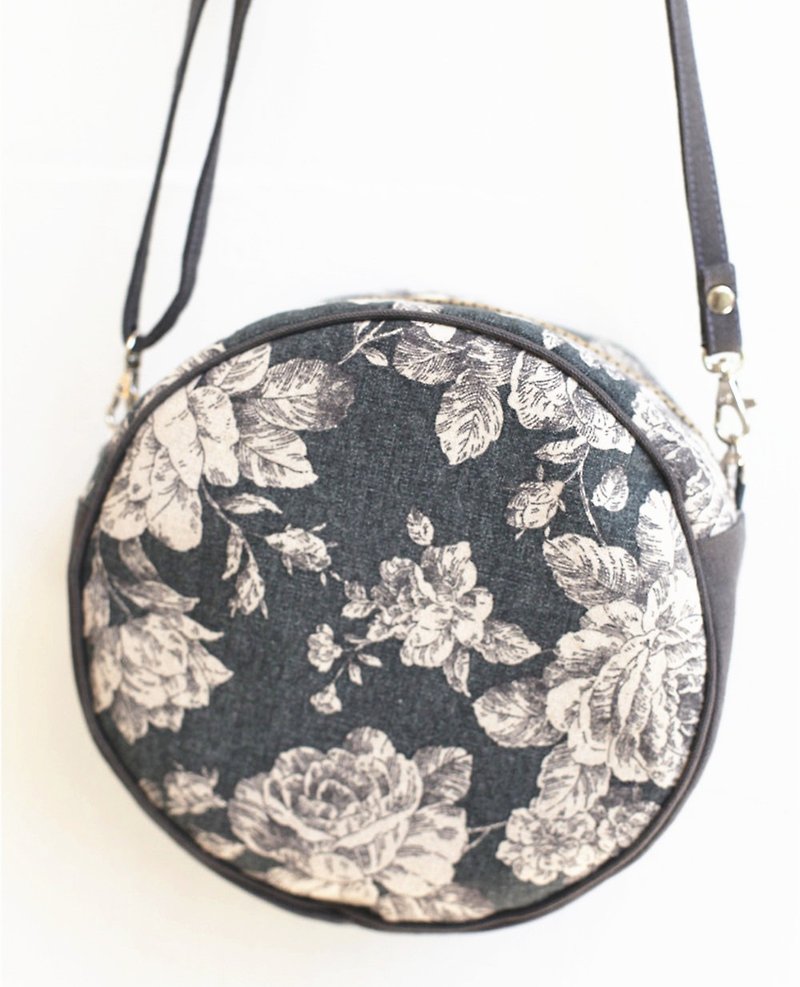 【Good day hand】 Japanese linen small round bag. Gray flower side backpack - Messenger Bags & Sling Bags - Cotton & Hemp Gray