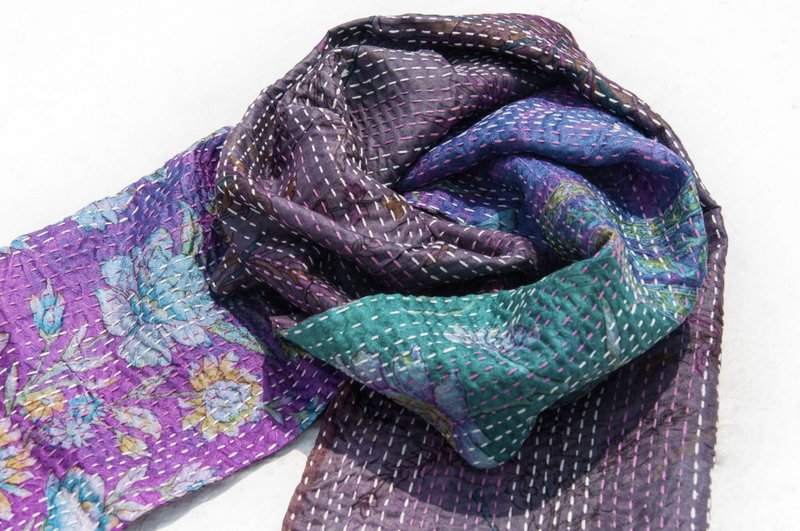刺繡絲巾/絲綢刺繡圍巾/手縫紗麗線絲巾/印度絲綢刺繡圍巾-漸層花 - 圍巾/披肩 - 絲．絹 多色