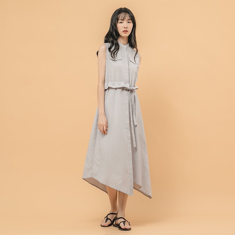 [Classic original] Relativity_Time and Space Asymmetric Dress_CLD002_White Strips on Gray - One Piece Dresses - Polyester Gray