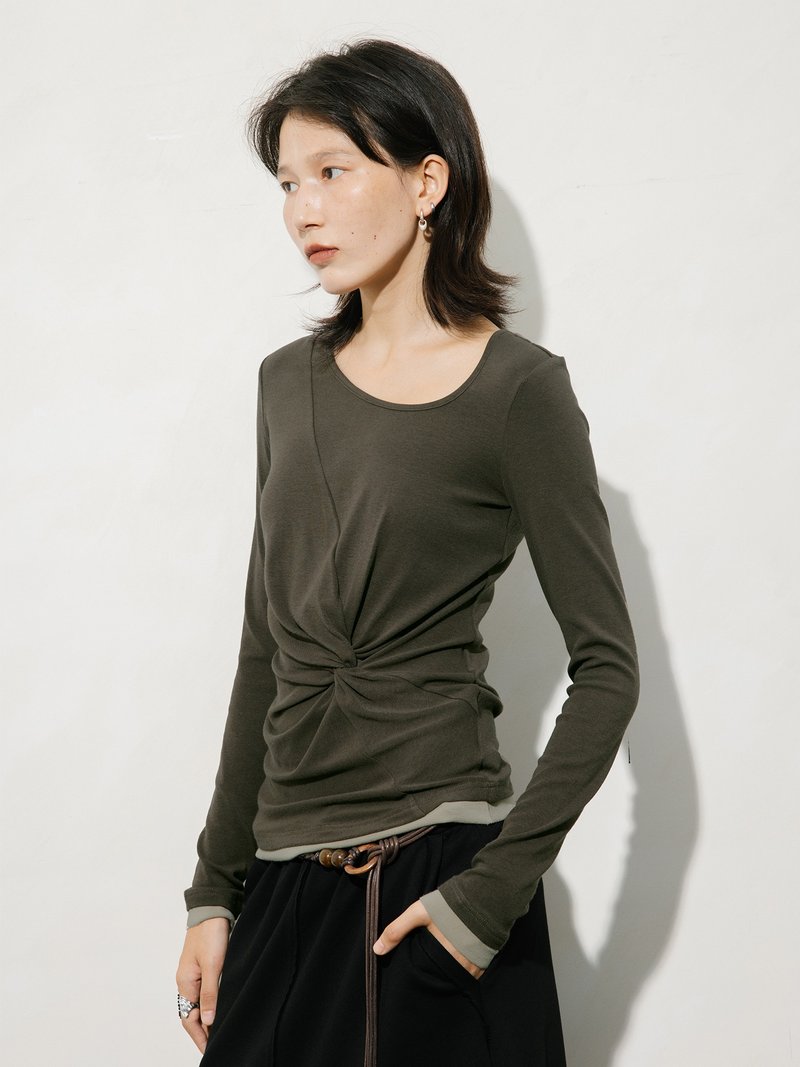 法式復古 / 彈力針織緊身斜領上衣 - 女裝上衣 - 其他材質 咖啡色