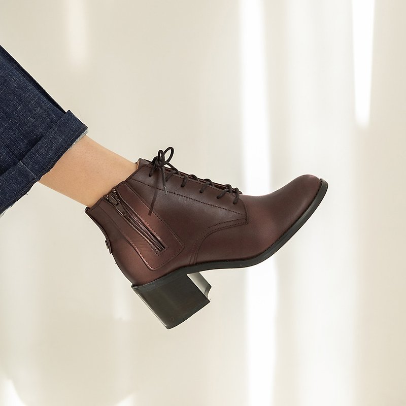 Walk to New York Chunky Heel Military Boots - Brooklyn - Women's Booties - Genuine Leather Brown