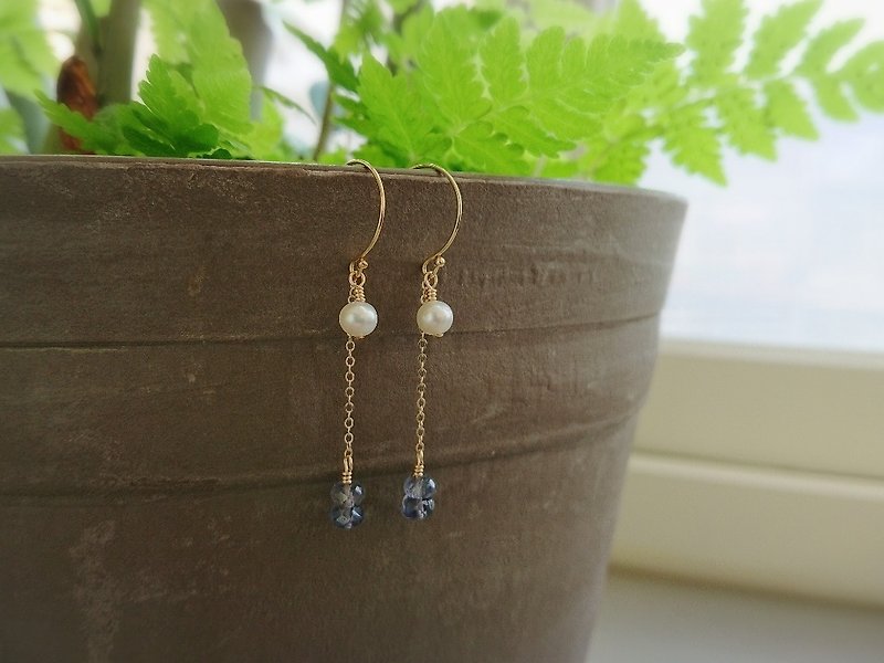 Iolite Faceted Rondelles Freshwater Pearls 14K GF Dangling Earrings - Earrings & Clip-ons - Gemstone Purple