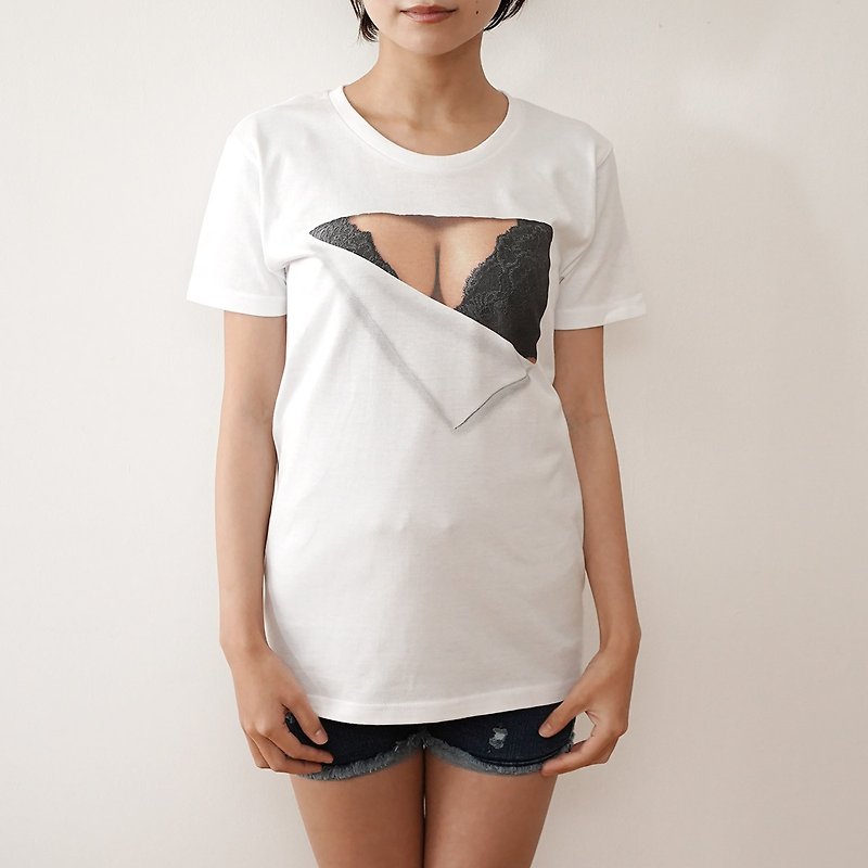 Mousou Mapping T-shirt/ Revival/ Black bra - Women's T-Shirts - Cotton & Hemp Black