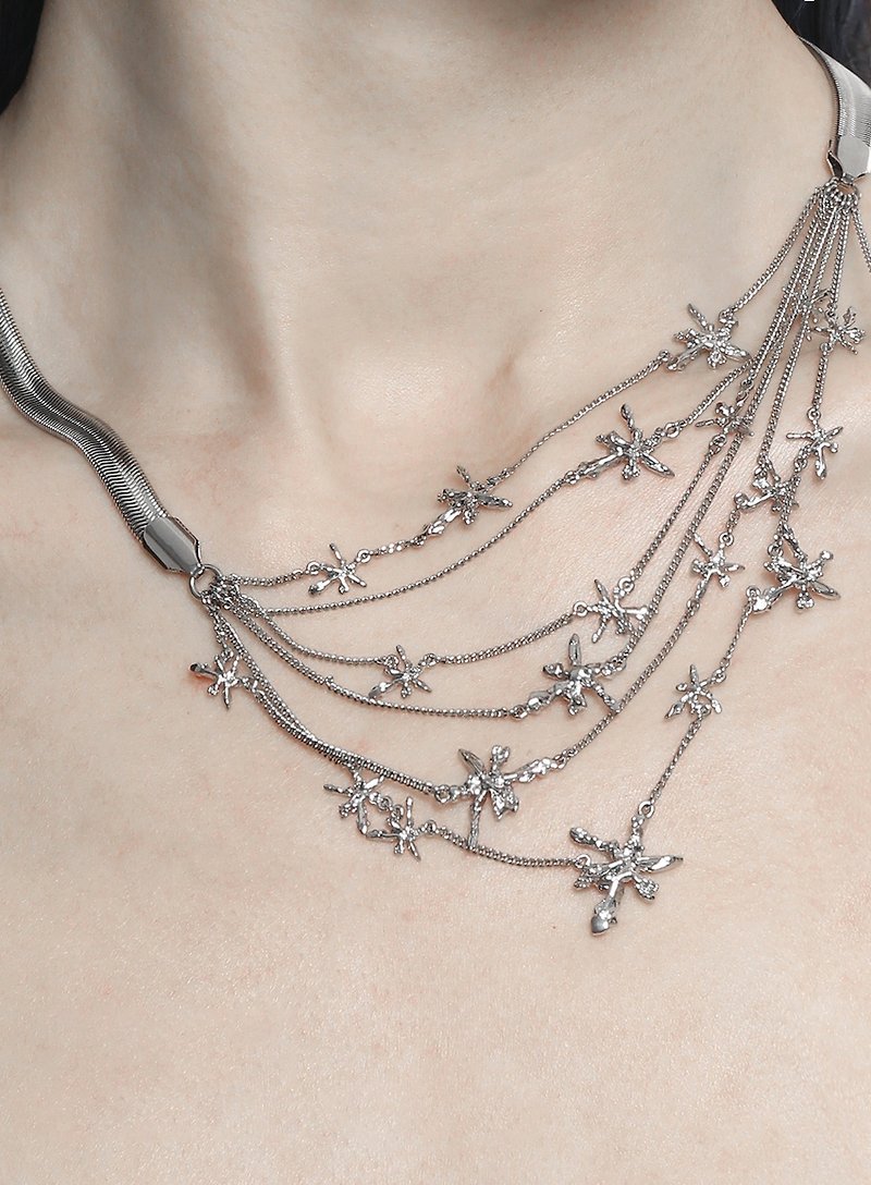 Silver gold-plated artistic texture multi-layer frost necklace with detachable - สร้อยคอ - ทองแดงทองเหลือง สีเงิน