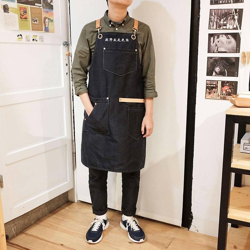 Apron custom work apron waterproof dark blue double layer wax / leather embroidery printing / Ji.co - Other - Genuine Leather Multicolor