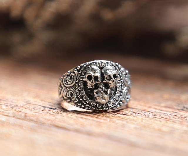 grim Reaper 3 skull ring sterling silver biker Gothic Pirate