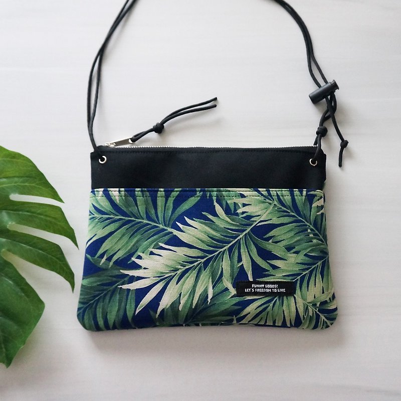 tropicalleaf　shoulder bag - กระเป๋าแมสเซนเจอร์ - ผ้าฝ้าย/ผ้าลินิน สีเขียว