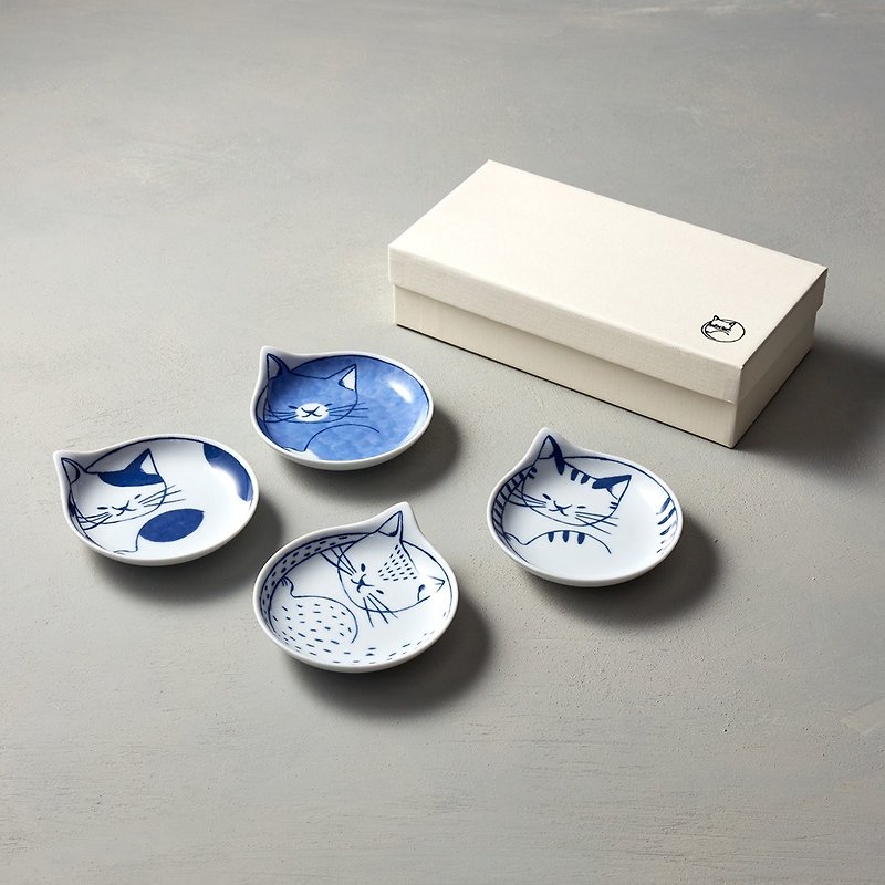 Ishimaru Hasamiyaki-neco cat-small plate gift set (4 pieces) - จานเล็ก - เครื่องลายคราม ขาว