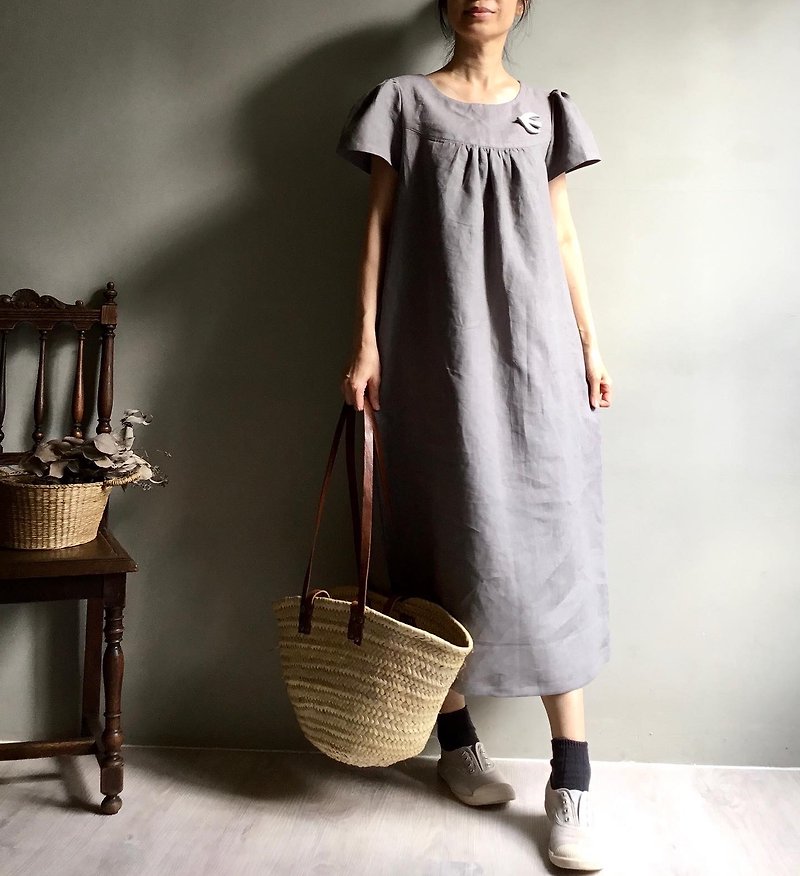 Rainy Sky/Gray Bud Sleeve/Short Sleeve Linen Long Dress 100% Linen