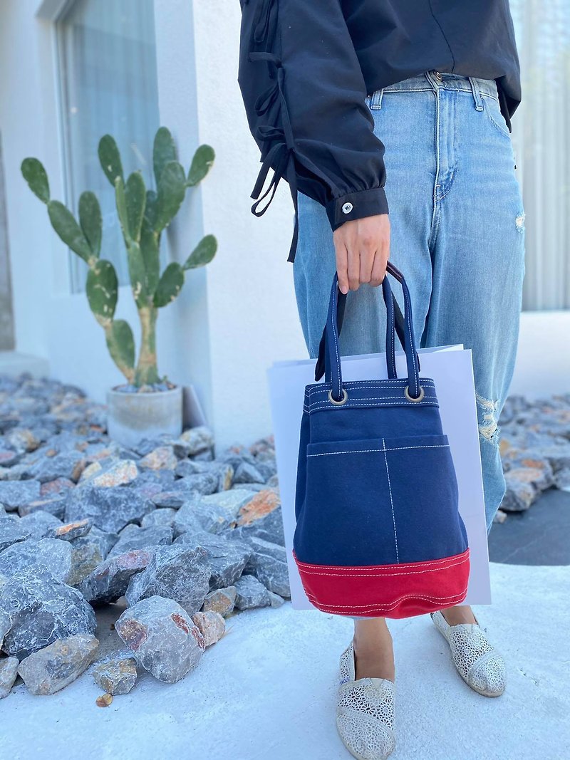 Mini Navy/Red Canvas Bucket Bag with strap /Leather Handles /Daily use - Handbags & Totes - Cotton & Hemp Blue