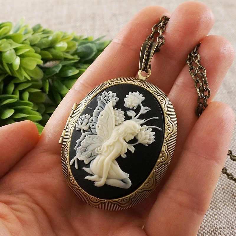 Fairy Cameo Locket Victorian Floral Girl Cameo Keepsake Pendant Necklace Jewelry - Necklaces - Other Materials Black