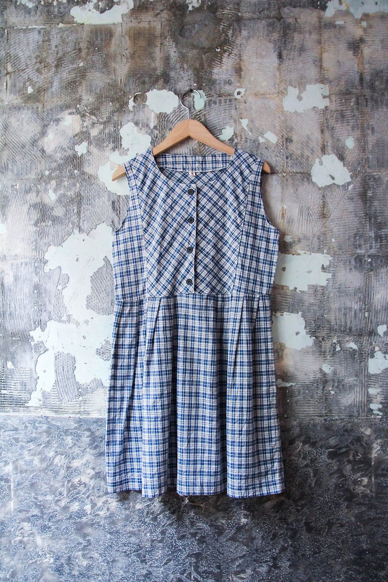 裊裊百貨公司- Vintage 藍色格子棉質無袖洋裝 復古著 - 連身裙 - 棉．麻 