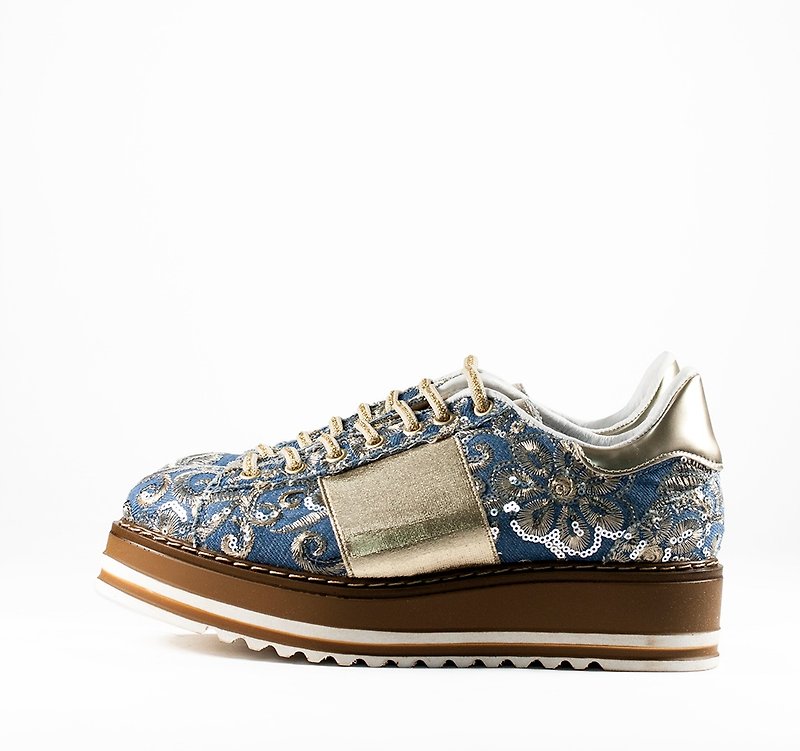 ITA BOTTEGA [Made in Italy] metal embroidery platform casual shoes - รองเท้าลำลองผู้หญิง - หนังแท้ สีทอง