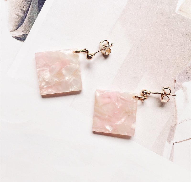 ❈La Don pull winter ❈ - earrings - marble pattern big square - powder - ต่างหู - โลหะ สึชมพู