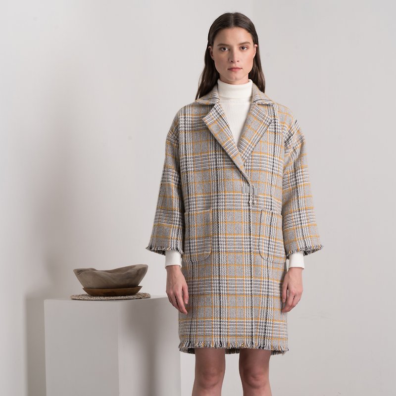 [Clear product] Women's mid-length check wool coat-Hong Kong original brand Lapeewee - Women's Casual & Functional Jackets - Wool Yellow