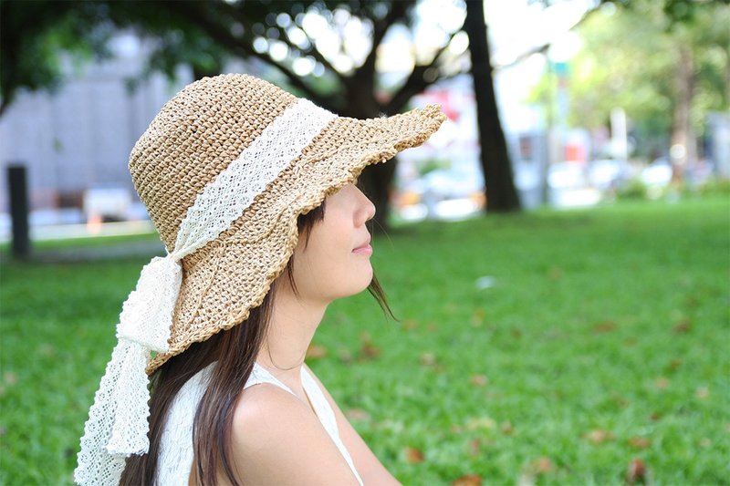 Unni Butterfly Lace Straw Hat-Knitted Hat Sun Hat Hat Climbing Hat Fisherman Hat - Hats & Caps - Plants & Flowers Khaki