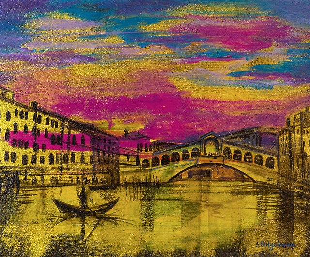 ベネチア 絵画 夕焼け 街並みアクリル画 イタリア アートワーク 原画
